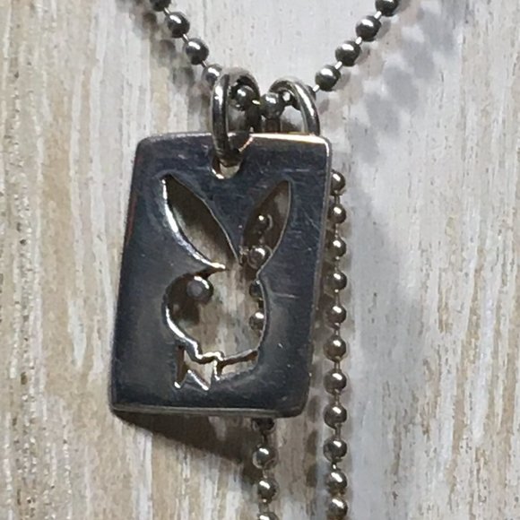 AUTHENTIC VERY HTF PLAYBOY STERLING BUNNY & HUGH HEFNER DOG TAG NECKLACE 17.5" - Picture 4 of 14